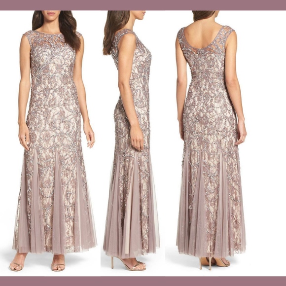 NWT $359 Adrianna Papell Beaded Lace Gown in Stone Nude [SZ 6‎ ] #N878 - Picture 1 of 8